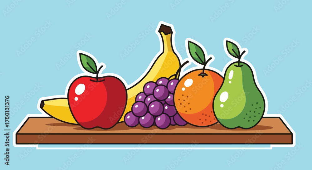 Tableau sur toile Colorful Fruits Still Life Banana, Apple, Grapes, Orange, and Pear