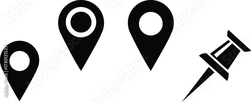 Vector illustration of three location pins and a thumbtack isolated on a