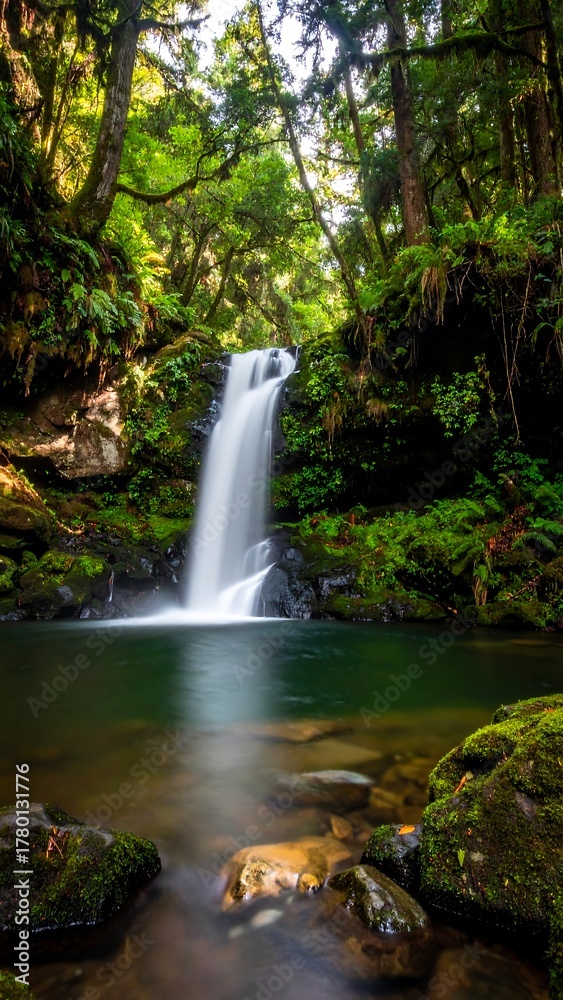 Fototapeta premium A vertical image of a waterfall cascading into a clear, emerald pool in a lush green forest, framed by tall trees