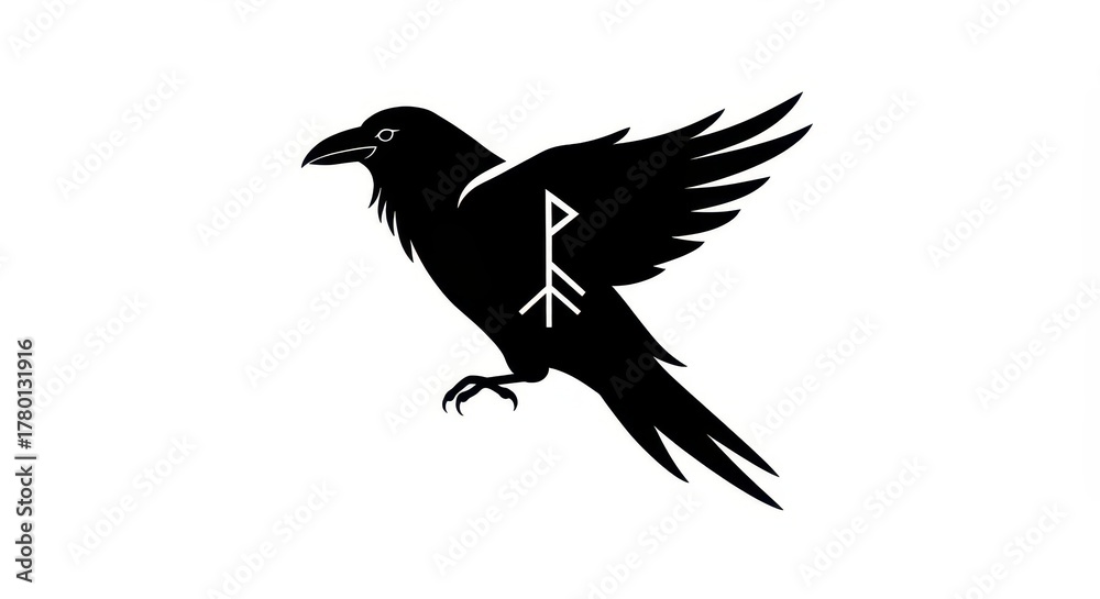 Obraz premium Silhouette illustration of a large black bird with ancient script marking on its wing against a white background