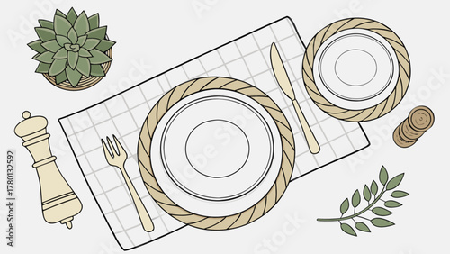 Overhead view of a table setting with a plate, cutlery, succulent, and salt shaker on a, creating a clean and inviting atmosphere