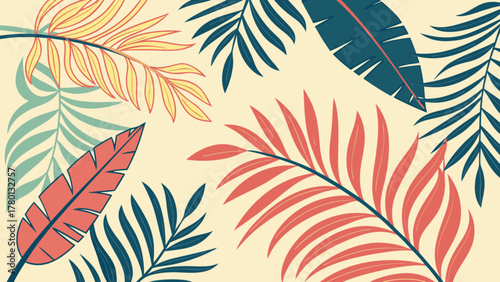 A vibrant and colorful tropical leaf pattern creates a lush and exotic background, perfect for adding a touch of nature to any design