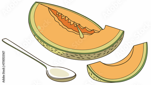 A vibrant illustration showcases a cantaloupe slice with a spoon, , highlighting the freshness of the fruit