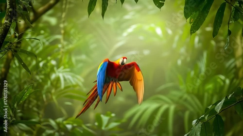 A vibrant scarlet macaw soars with wings spread through a lush, sunlit rainforest, a beautiful display of tropical wildlife