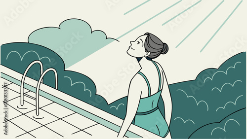 Illustration of a woman enjoying the sun by the pool, capturing a serene scene of relaxation and summer bliss, surrounded by lush greenery