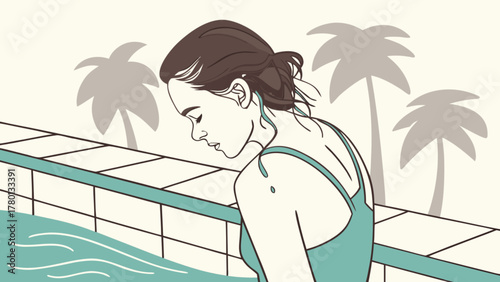 A woman in a swimsuit stands by the pool with palm trees in the background, enjoying a relaxing summer vacation at a tropical resort