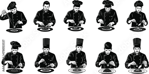 Chef, silhouette, cooking, garnishing, plating, culinary, food, preparation, kitchen, black, white, uniform, hat, artistic, detail, professional, restaurant, cuisine, pose, illustration