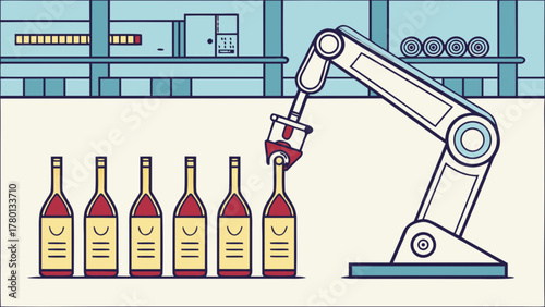 An automated robotic arm filling wine bottles on a production line, illustrating modern manufacturing and automation in the beverage industry