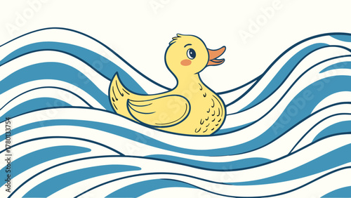 A cheerful yellow rubber ducky bobs gently on stylized blue waves, its orange beak slightly open, creating a playful scene