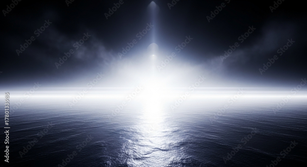 Fototapeta premium Bright light shining over dark water with smoke