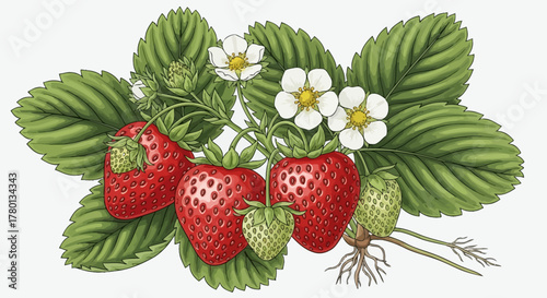 Realistic Strawberry Plant Illustration - Botanical Fruit & Flower Graphic