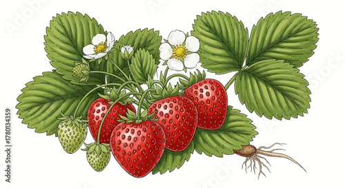 Realistic Strawberry Plant Illustration - Botanical Fruit & Flower Graphic