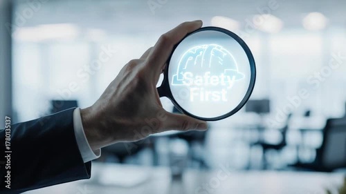 close up of businessman holding magnifying glass