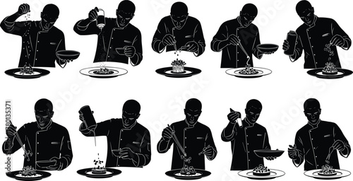 Chef silhouette illustrations, culinary garnish actions, seasoning poses, professional cooking gestures, food plating art, kitchen technique, restaurant chef, black vector icons