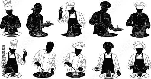 Chef silhouette illustrations, food preparation poses, culinary presentation actions, professional kitchen gestures, plating techniques, restaurant chef icons, black vector artwork