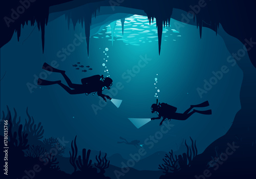 Scuba Divers Exploring Underwater Cave An Adventure in the Depths of the Ocean
