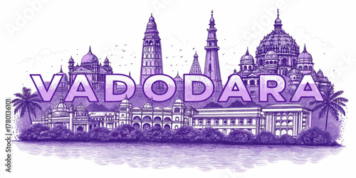 Vadodara Skyline Sketch with Cultural Heritage Landmarks – Laxmi Vilas Palace, Sayaji Garden, Kirti Mandir, Nyay Mandir – Artistic Cityscape for Gujarat Tourism Poster & Travel Branding