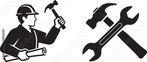 Solid Black Construction Worker and Tools Flat Vector Icons