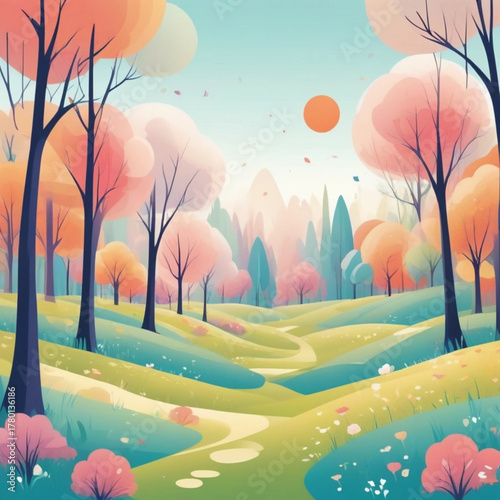 Whimsical Pastel Forest Landscape with Gentle Rolling Hills and a Winding Path Illuminated by a Soft Sunlight