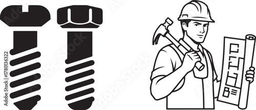 Vector Graphics of Fastener Silhouettes and Constructor with Hammer and Blueprint