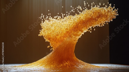 Fototapeta Naklejka Na Ścianę i Meble -  Abstract golden liquid vortex on wood surface, studio shot