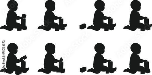 Child silhouette playing with blocks, sitting, stacking, learning, toddler development, motor skills, preschool activity, isolated, black, white, vector illustration
