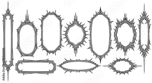 Collection of ornate, gothicstyle decorative frames and borders with sharp, spiky edges