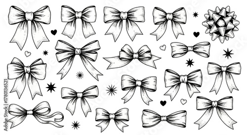 Handdrawn collection of various bow styles, including elegant ribbons and decorative gift bows