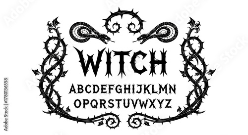 Witch alphabet font with snakes and thorns, gothic style, black and white illustration