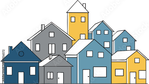 A colorful collection of illustrated houses forming a small village community.