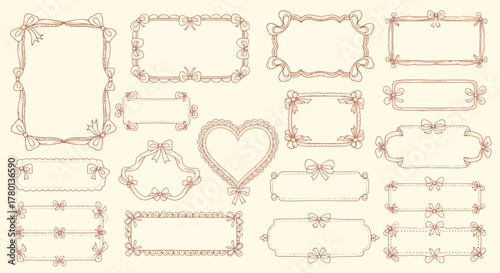 Collection of decorative handdrawn frames and borders with bows and ribbons in a vintage style, perfect for invitations and scrapbooking