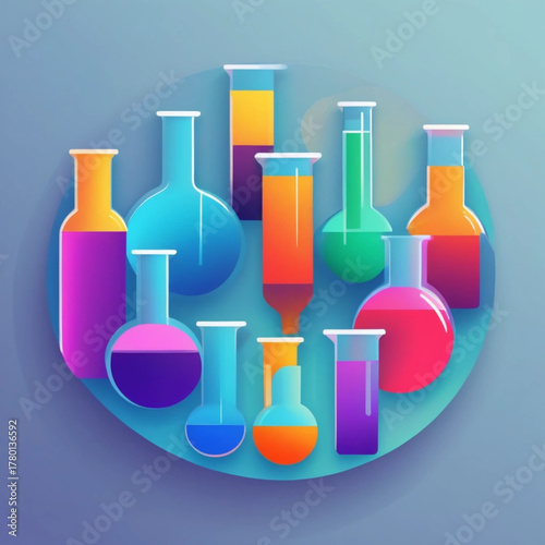 Collection of Colorful Glass Laboratory Beakers and Flasks Filled With Various Liquids Floating On A Blue Circle Background