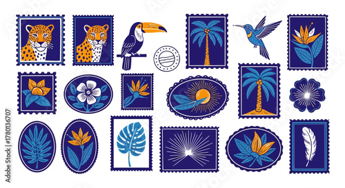 A collection of stylized postage stamps featuring tropical motifs like leopards, toucans, hummingbirds, palm trees, exotic flowers, and leaves in a vibrant blue and yellow color palette