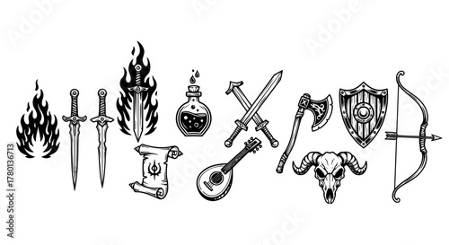 Collection of fantasy and medieval weapon icons, including swords, axes, bows, shields, and magical items like potions and scrolls