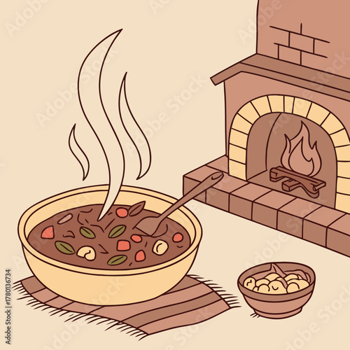 Bowl of hearty stew with fireplace in background, evoking warmth and comfort