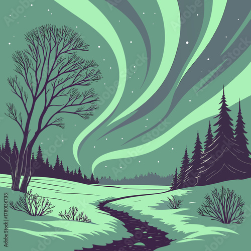 Aurora borealis over a snowy landscape with a winding stream and trees