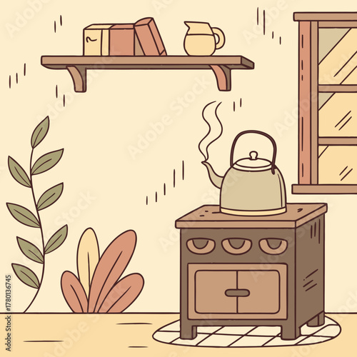 Cozy kitchen scene with a kettle on the stove and a shelf with items