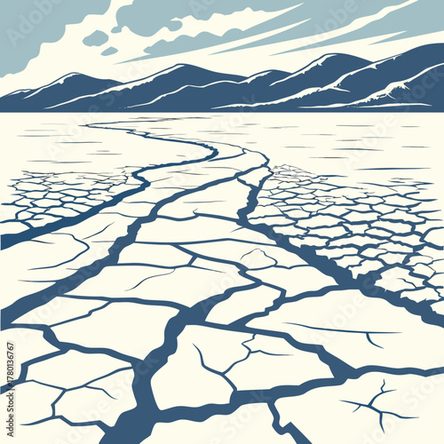 Cracked earth stretches across a barren landscape under a cloudy sky