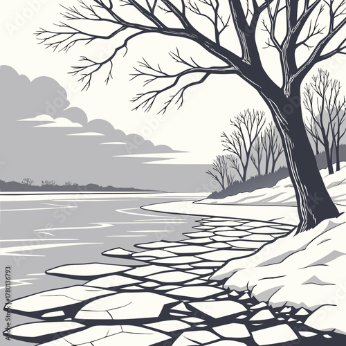 Frozen lake shore with bare trees and ice floes on a winter day