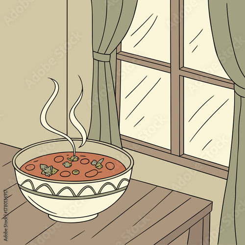 A bowl of steaming soup sits on a wooden table near a window