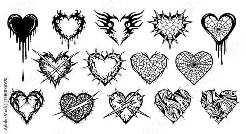 A set of gothic and edgy heart designs, including thorny, dripping, and tribal styles, perfect for dark romance or alternative themes