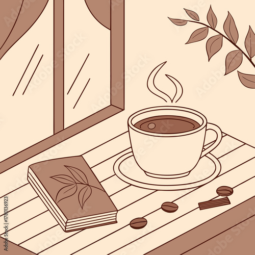 A cozy morning scene with coffee, book, and window in a warm ambiance