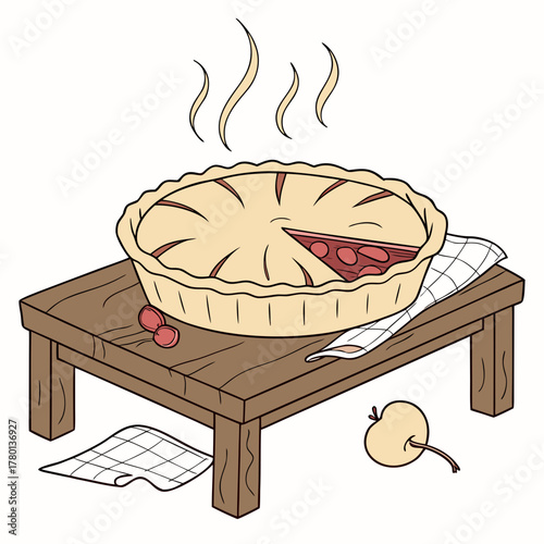 A freshly baked pie with steam sits on a wooden table