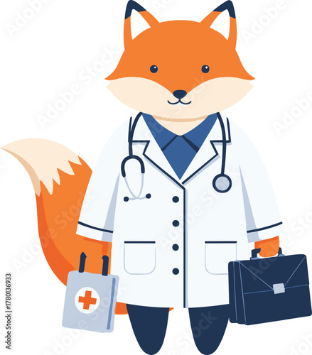 Cartoon fox doctor character, anthropomorphic medical illustration, healthcare professional pose, animal in lab coat concept, cad drawing flat vector illustration