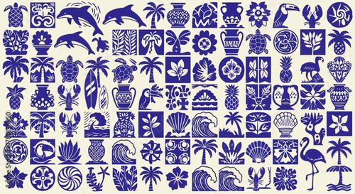 Collection of blue hawaiianthemed icons and symbols, featuring dolphins, turtles, pineapples, flowers, and waves