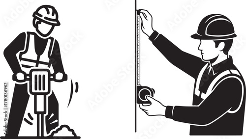Black and White Vector Illustrations of Construction Workers Measuring and Drilling