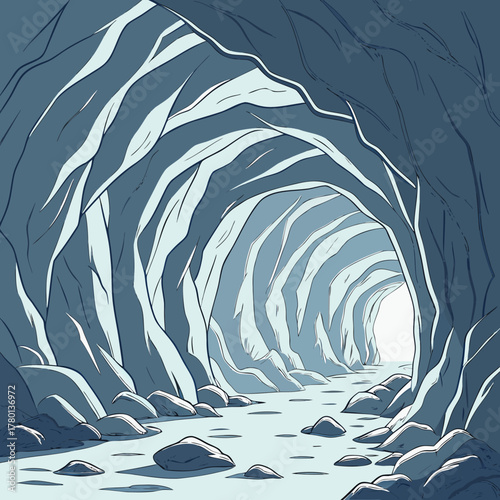 A long ice cave with a stream of water flowing through it in winter