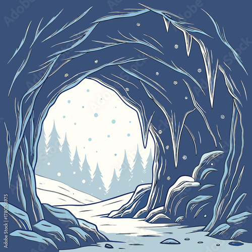 A snowy cave entrance with a view of a winter forest landscape