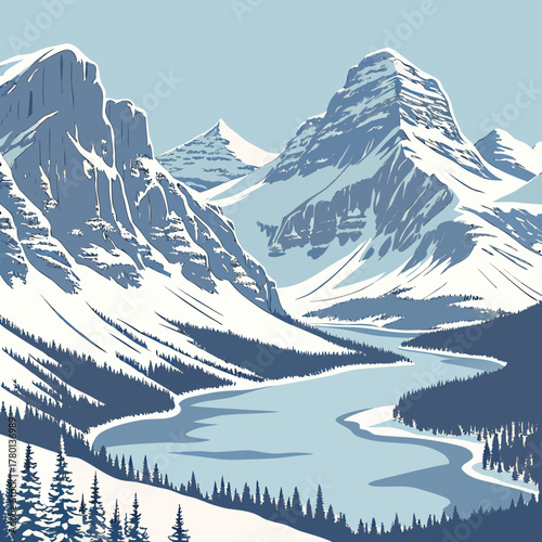 A scenic view of snowcapped mountains and a river winding through a valley