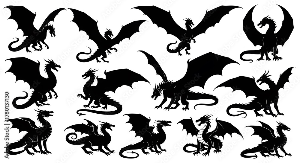 Fototapeta premium Set of Flying and Roaring Dragon Silhouette Designs – Black Mythical Creature Vector Collection for Tattoo, Logo, Fantasy Illustration, and Graphic Design Isolated on White Background